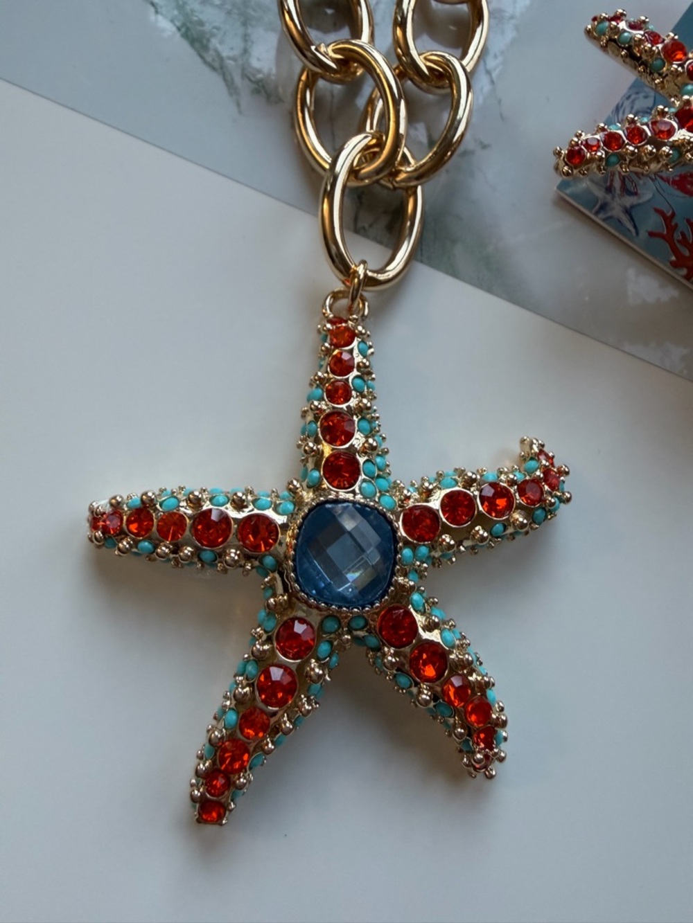 Rare Betsey Johnson Shiny Gold Oversized Link Starfish Necklace with Earrings - Picture 3 of 7